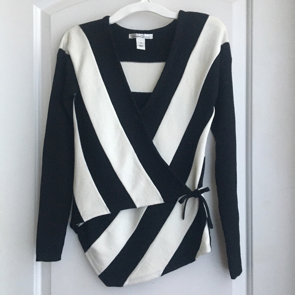 Kenneth Cole Black and Off-White Striped Partial Wrap Sweater, Asymmetric Hem XS